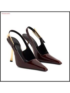 Slingback Stiletto High Heels Square Toe Metal Buckle Pumps Faux Leather